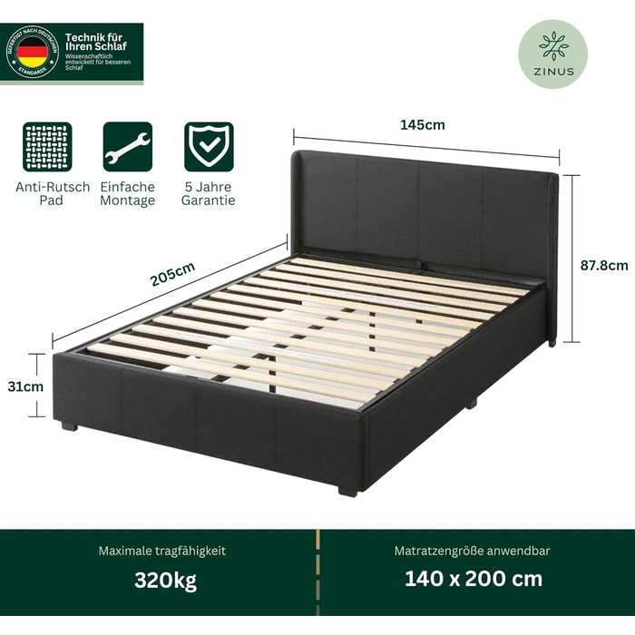 Ліжко Zinus Maddon з м&39якою поверхнею 140x200 см з місцем для зберігання - Висота 31 см з дерев&39яною рейковою основою та узголів&39ям - Гідравлічний підйомний механізм та місце для зберігання - Чорне 140 x 200 см Чорний