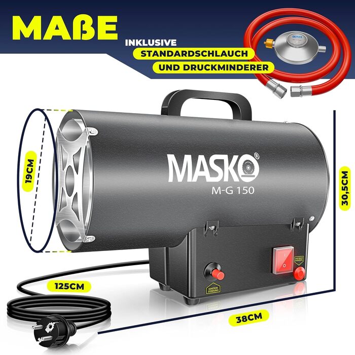 Газовий обігрівач Masko, газовий обігрівач, газовий радіаційний обігрівач, будівельний обігрівач 15 кВт, газовий опалювальний пристрій, радіаційний обігрівач, генератор гарячого повітря, включаючи газовий шланг та регулятор тиску, обігрівач для стандартни
