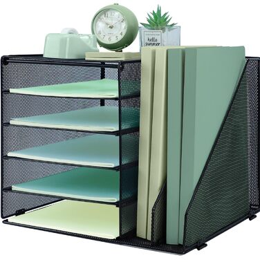 Рівневий настільний органайзер з 2 додатковими вертикальними папками для файлів, лоток для паперу, настільні лотки для паперу формату A4, тримач для журналів для домашнього офісу, чорний, 5 рівнів з 2 вертикальними папками, 5-