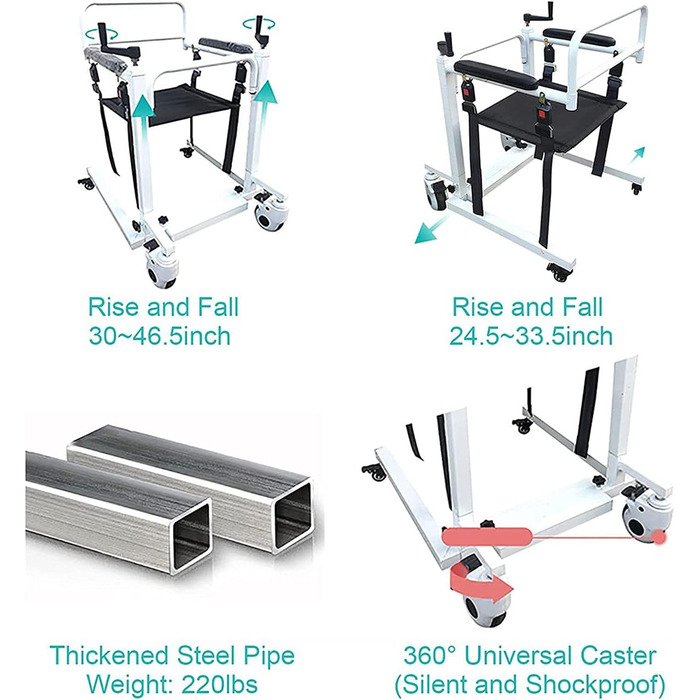 Портативний підйомник для транспортування пацієнтів, машина для перенесення самообслуговування для пацієнта з м'яким сидінням і сидінням для унітазу, підйомник для перенесення пацієнтів, універсальне колесо на 360, базова версія базової версії