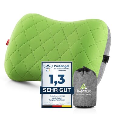 Надувна подушка для кемпінгу/подорожей HIKENTURE зі знімною наволочкою, ергономічна подушка для голови, зручна подушка для шиї для подорожей/використання на свіжому повітрі, надувна подушка для шиї для подорожей (зелена).