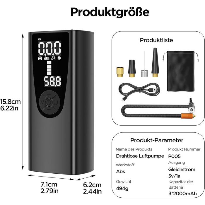 Електричний повітряний насос, портативний велосипедний насос 150PSI з акумуляторним компресором 3*2000 мАг Міні-насос для шин з цифровим РК-дисплеєм, світлодіодне підсвічування для автомобільних м'ячів для мотовелосипедів, AutoOff, USB-C