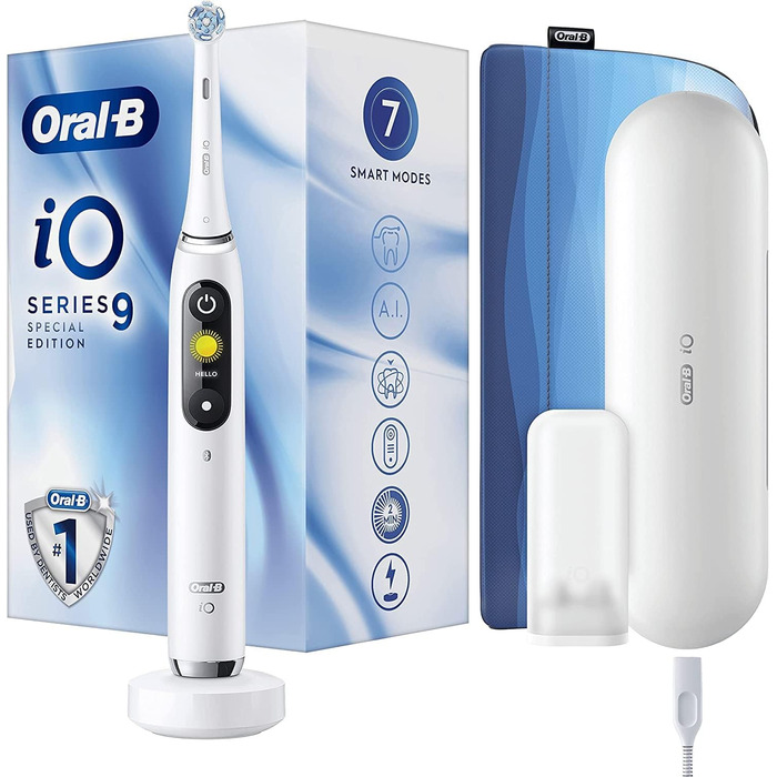 Електрична зубна щітка Oral-B iO 9, спеціальне видання, біла, 1 щітка, 1 дорожній кейс, зарядний пристрій, 1 магнітна сумка