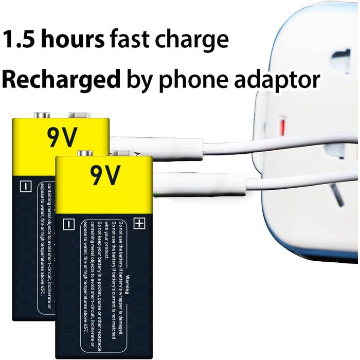 Літієві акумуляторні батареї типу C 9 В, 1,5 В, літій-іонні акумуляторні батареї USB 9 В, 650 мАг із зарядним кабелем типу C, швидка зарядка за 2 години (2 шт.) (9 В). 2-9 В