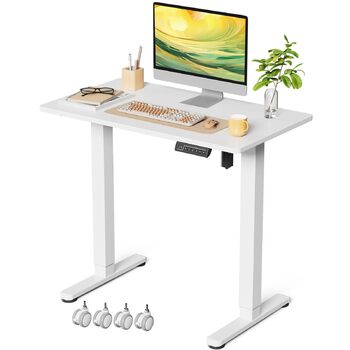 Стіл з регульованою висотою 88 x 50 см, цільна стільниця, електричний стіл з 4 колесами для роботи сидячи та стоячи, невеликий комп&39ютерний стіл для домашнього офісу, білий, ДСП, 88 x 50 см