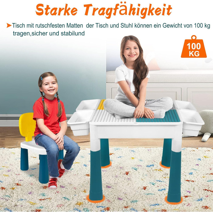 Дитячий стіл зі стільцями, комплект дитячого столу та стільців 6-в-1, багатофункціональний ігровий стіл з будівельних блоків з місцем для зберігання, двостороння стільниця, регульована висота, підходить для навчання та вправ на мислення дітей, будівельні 