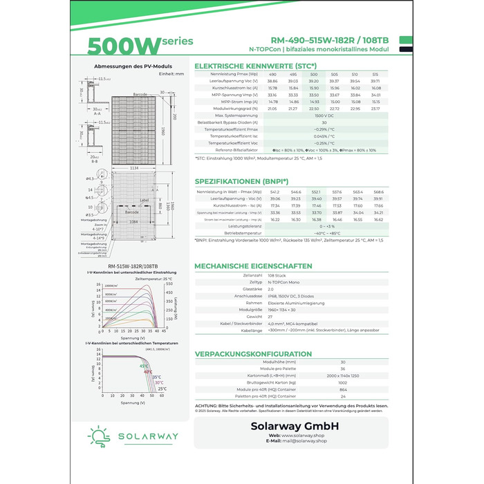 Сонячна панель Solarway потужністю 500 Вт, повністю чорна двостороння фотоелектрична панель зі скла/скла з позитивним допуском потужності 0-5 Вт, n-типу, підходить для балконних електростанцій