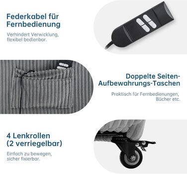 Моторне електричне крісло-реклайнер, крісло для телевізора з функцією відкидання, крісло для телевізора у вітальні з колесами, регульована спинка та підставка для ніг, 2 бічні кишені, вельветовий диван, світло-сірий, 2-