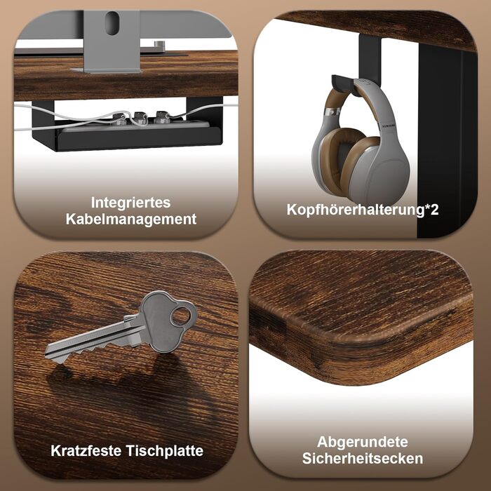 Стіл з регульованою висотою 160 x 80 см з кабельним лотком, Електрично регульований стіл для роботи стоячи з USB-портом, Комп&39ютерний стіл, Ергономічний стіл для роботи сидячи та стоячи, Офісний стіл, Вінтажний коричневий 160 x 80 см