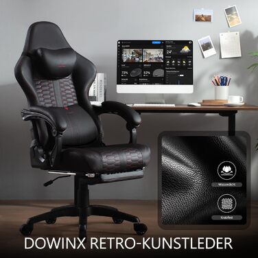 Ігрове крісло Dowinx велике та високе з масажною поперековою опорою, ігрове крісло з підставкою для ніг, ергономічне комп&39ютерне крісло, шкіра PU, 180 кг, чорний колір