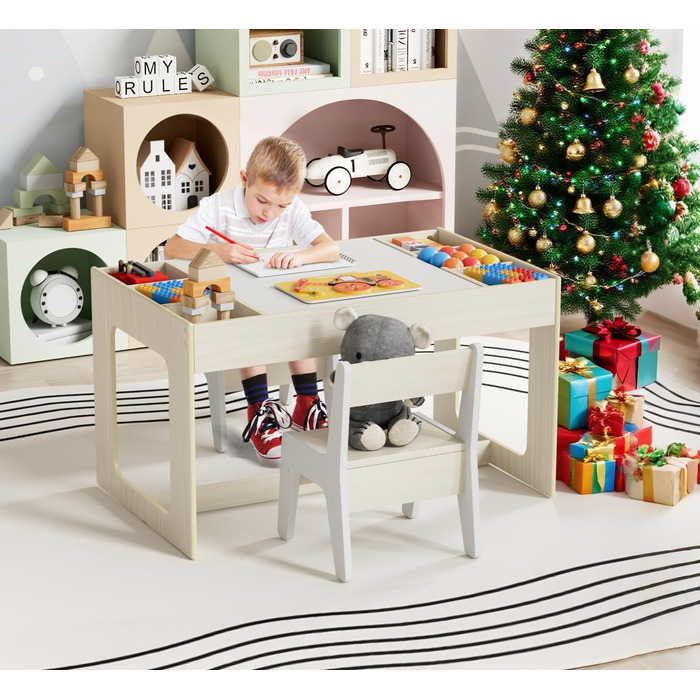 Дитячий комплект сидіння MAMIZO з місцем для зберігання, дитячий стіл з 2 стільцями, комплект дитячого столу та стільців з двосторонньою стільницею, дитячий стіл для дитячих кімнат та дитячих садків, вік 3, колір дерева з білим