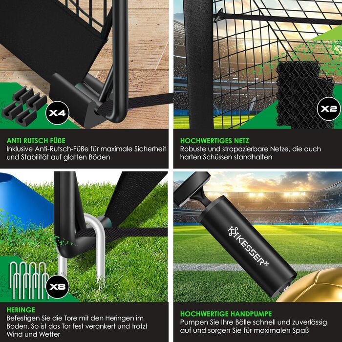 Футбольні ворота KESSER, 2 шт. Чудовий футбольний подарунок для дітей, для використання в приміщенні та на вулиці протиковзке покриття - включає аксесуари для футбольних тренувань конуси, мішень, спортивну сумку, насос для м&39яча, чорний колір