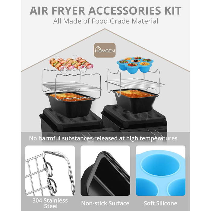 Аксесуари для фритюрниці HOMGEN 6 шт. Аксесуари для фритюрниці Двокамерна фритюрниця Аксесуари для Ninja Foodi AF400EU AF300EU 8-9.5 л Решітка для приготування їжі, папір для випічки тощо