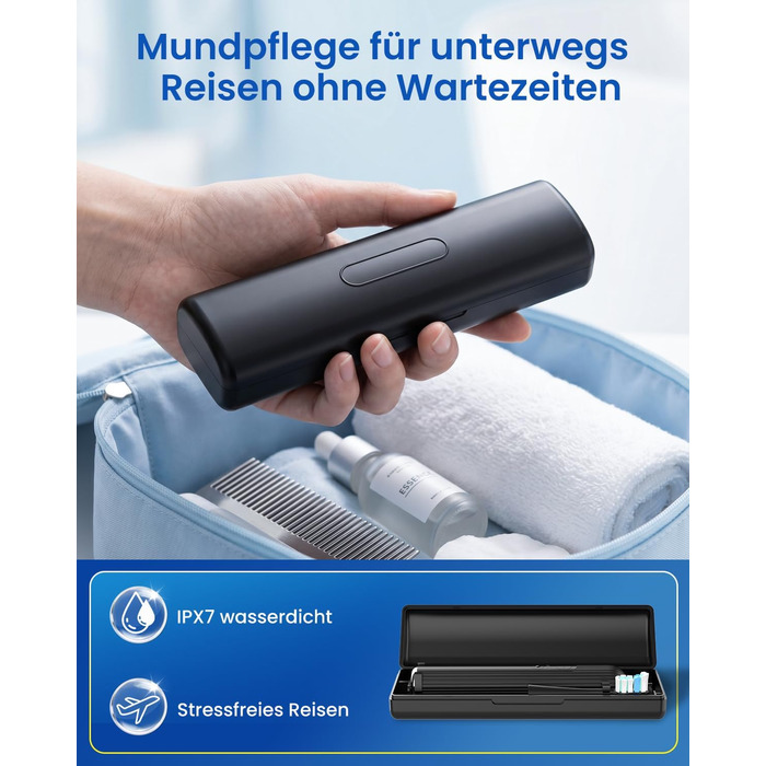Електрична звукова зубна щітка для дорослих та дітей, 5 режимів чищення з 3 рівнями інтенсивності, 8 змінних насадок та дорожній футляр, акумуляторна зубна щітка (, в упаковці) Чорна