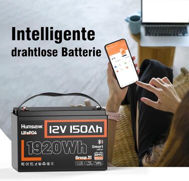 Акумулятор Humsienk 12V 150Ah LiFePO4 з Bluetooth, 110A BMS 1920Wh глибокого циклу літієвої батареї, захист від низьких температур, ідеально підходить для автофургонів, тролінгових моторів, яхт, човнів 12V 150AH-Bluetooth