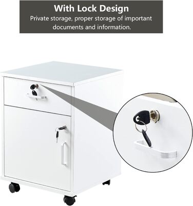 Шафа для документів на колесах із замком, дерев&39яна, з шухлядою та закритим місцем для зберігання, мобільна шафа під столом для паперу та папок формату А4, біла, 1 шухляда 1 дверцята для зберігання