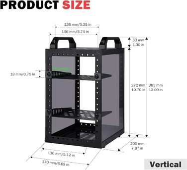 Міні-серверна шафа GeeekPi DeskPi RackMate TT для міні-ПК, міні-стійка глибиною 200 мм, включаючи 2 полиці-вставки по 0,5U, для NAS, AV та мережевих технологій (чорна)