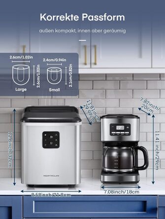 Машина для льоду з нержавіючої сталі з 2 розмірами кубиків льоду, 14 кг 24 шт. , самоочищення, 9 кубиків льоду за 6 хвилин, LED-дисплей, резервуар для води 2 л, льодогенератор із черпаком для льоду та кошиком, льодогенератор NORTHCLAN