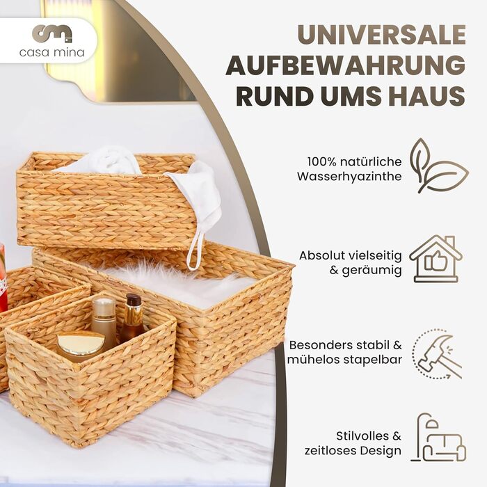 Кошик для зберігання Casa Mina 430x16 см 100 натуральний водяний гіацинт Декоративні кошики для зберігання для будь-якої кімнати Кошик для зберігання з міцним металевим каркасом, натуральний, розмір L