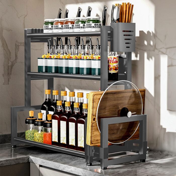 Стелаж для спецій Devesanter, 3 яруси, кухонна полиця для банок для спецій великої місткості, металевий органайзер для зберігання на стільниці з тримачем для обробної дошки, тримач для посуду, з 6 гачками, сірий, 3 яруси, металевий, сірий