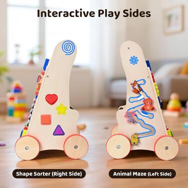 Дерев&39яні ходунки для дітей 8-в-1 з колесами та будівельними блоками, багатофункціональна іграшка-подарунок для малюків від 10 місяців до 1-2 років, кольору дерева
