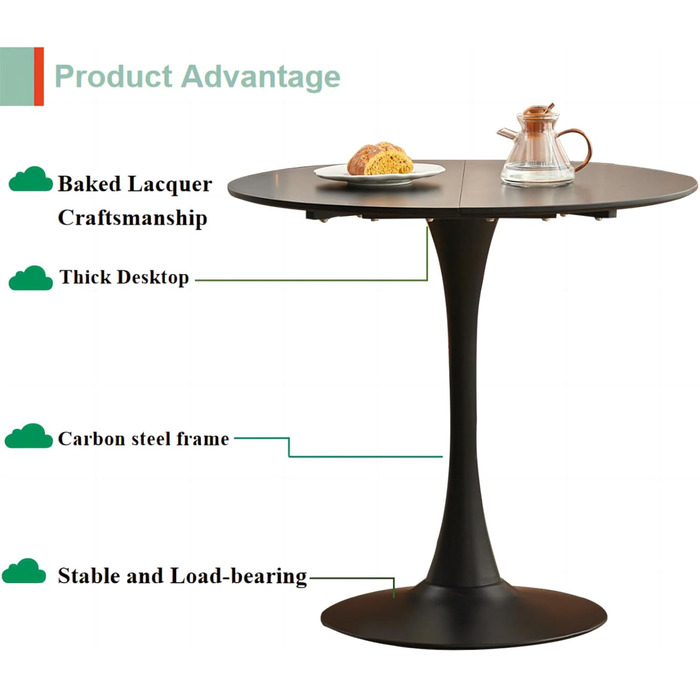 Чорний сучасний круглий обідній стіл, круглий стіл 80 см, круглий обідній стіл, підходить для 2-4 осіб, підходить для кухні, вітальні, їдальні, чорний, 8075 см, 80
