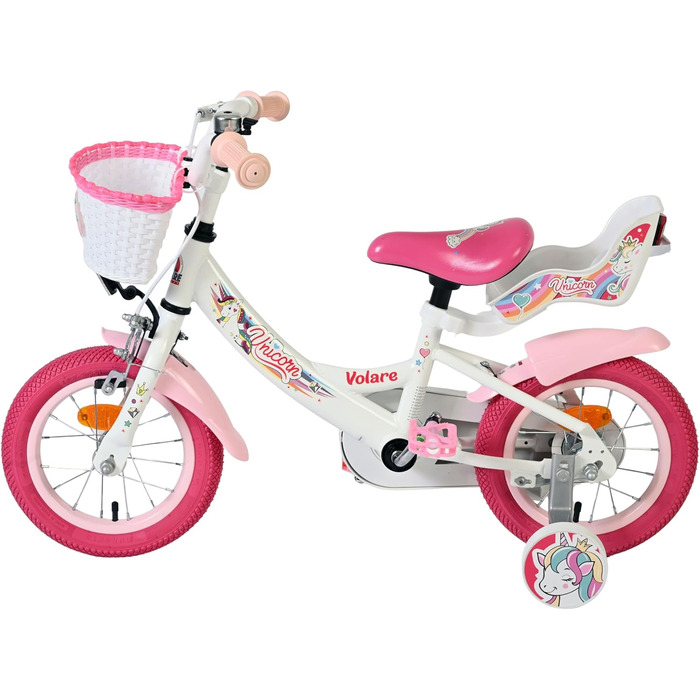 Дитячий велосипед Volare білий з сидінням-єдинорогом та рожевими ручками Ножне та ручне гальмо З додатковими колесами Комфорт та безпека Вік 35 років Легкий у збиранні Ідея для подарунка