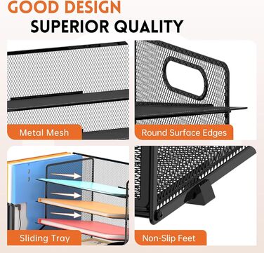 Органайзер для лотка для паперу з сітчастим тримачем для файлів, 5-ярусний настільний аксесуар та органайзер для офісного приладдя, чорний з тримачем для ручок