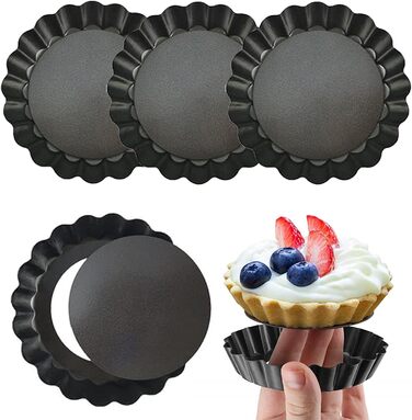 Набір із 4 міні-форм для тарталетків (10 см) з підйомним дном та антипригарним покриттям - Форми для кішу з вуглецевої сталі для тарталеток, мафінів, капкейків, тортів - Форми для випікання багаторазового використання (чорні)