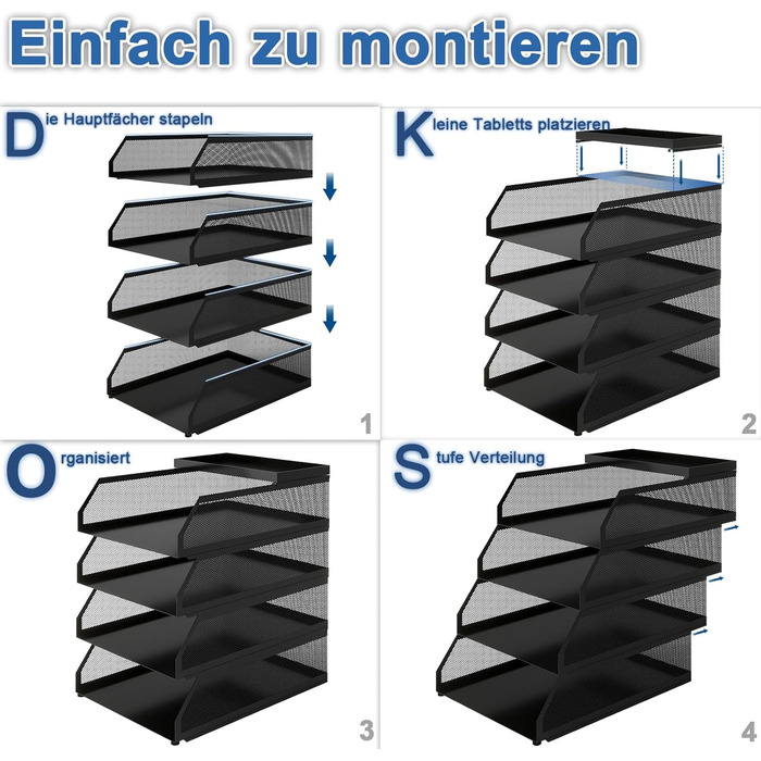 Лоток для документів PUNCIA A4, лоток для листів з 4 металевими відділеннями, органайзер для файлів, лоток для паперу, система для зберігання документів, тримач для документів для офісу, навчання, школи, офісних меблів, чорний, 32 x 25 x 31 см