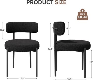 Обідні стільці, комплект з 4 шт. Круглі стільці з букле з тканини Teddy Кухонні стільці з м&39якою оббивкою в стилі середини століття Обідні стільці з металевими ніжками Чорний FU01031BL-4 Комплект з 4 чорних