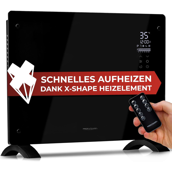 Електричний обігрівач ProfiCare зі скляною передньою частиною та X-подібним нагрівальним елементом портативний обігрівач, також підходить для настінного монтажу конвекторний обігрівач з 2 режимами нагріву безшумний нагрів - 0 дБ PC-GKH 3118 чорний