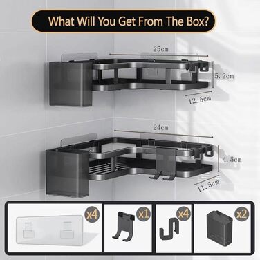 Кутова полиця для душу без свердління, 2 шт., чорна. Органайзер для ванної кімнати з 4 гачками, полиці для душу, аксесуари для душу, тримач для шампуню у ванну кімнату.