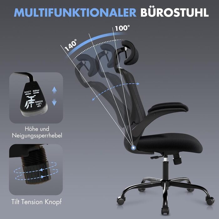 Ергономічне офісне крісло COLAMY, сітчасте робоче крісло з регульованим підголівником, крісло для керівника з поперековою опорою, поворотне крісло з регульованим нахилом та фіксатором, повністю чорний класичний колір