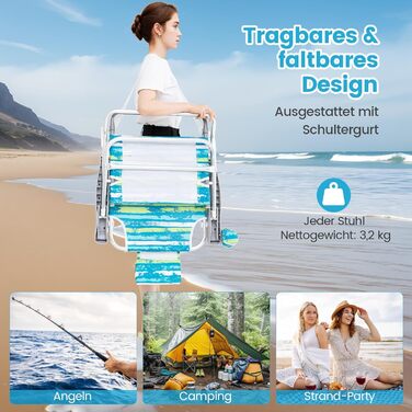 Складані пляжні крісла COSTWAY, легкі, комплект з 2 шт. , кемпінгові крісла з регульованою спинкою, підголівником, тримачем для напоїв та тримачем для рушників, складні крісла, вуличні крісла, витримують до 150 кг (зелені) 2 крісла в зелену смужку