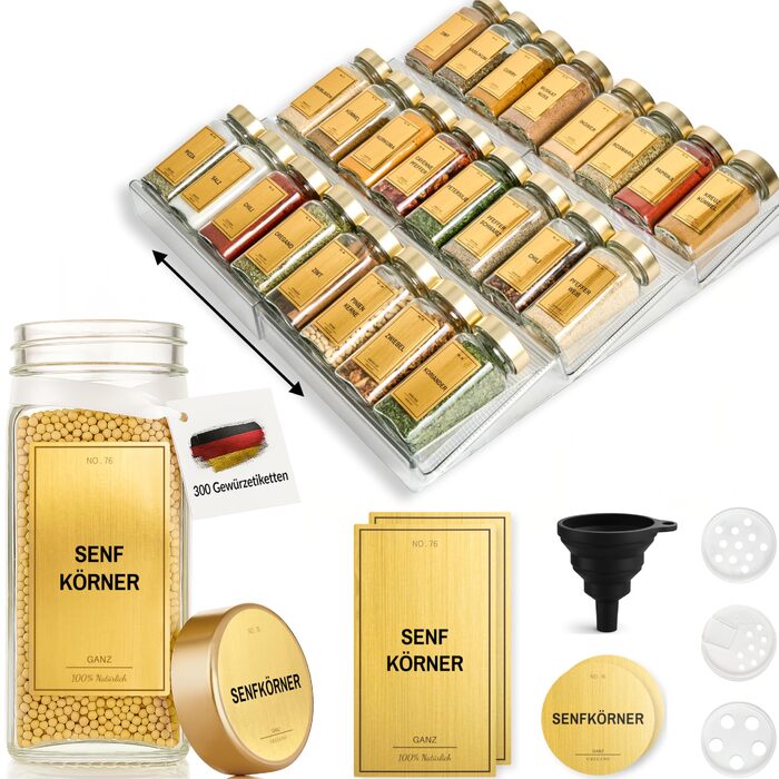 Банки для спецій з полицею 24 x 120 мл, включаючи 300 етикеток для спецій DE - Полиця для спецій з банками - Шухляда для органайзера для спецій - Шухляда для полиці для спецій з банками, система полиць для спецій, золота полиця Золота аура