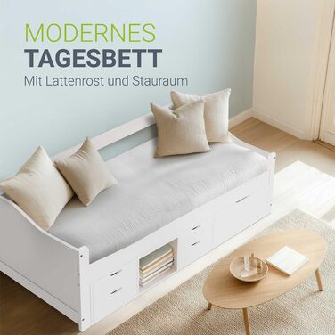 Функціональне ліжко Juskys Nalu 90x200 см - Дерев&39яне ліжко з рейковою основою та шухлядами - Ліжко з місцем для зберігання речей для дітей - Дитяче ліжко, Дитяче ліжко, Гостьове ліжко - Біле