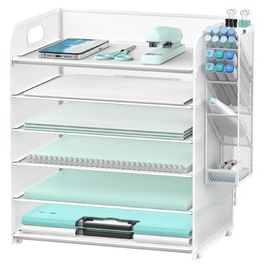 Рівневий лоток для листів з 4 тримачами для ручок, сітчастий органайзер для столу, лоток для листів з ручкою, органайзер для паперу для папок A4, білий, 6-