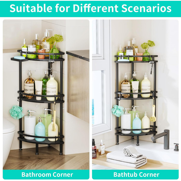 Кутова полиця для душу HapiRm без свердління - 3 предмети, стояча полиця для душу з ящиком для зберігання та 4 гачками, окремостояча полиця для ванної кімнати, кошик для шампуню та гелю для душу - чорний колір