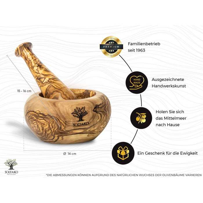 Набір розчинів і пестликів SOLTAKO з оливкового дерева - Ступка - Дерев'яна ступка - Екологічна трава, Розчин для спецій Ø Діаметр