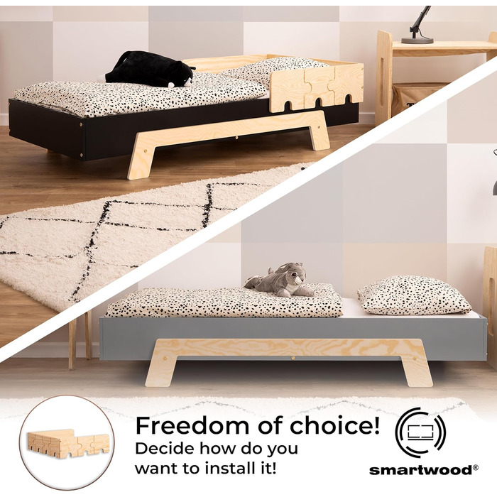 Дитяче ліжко SMARTWOOD з рейковою рамою та захистом від випадіння Puzzle BR2 Montessori односпальне для хлопчиків та дівчаток - Лі