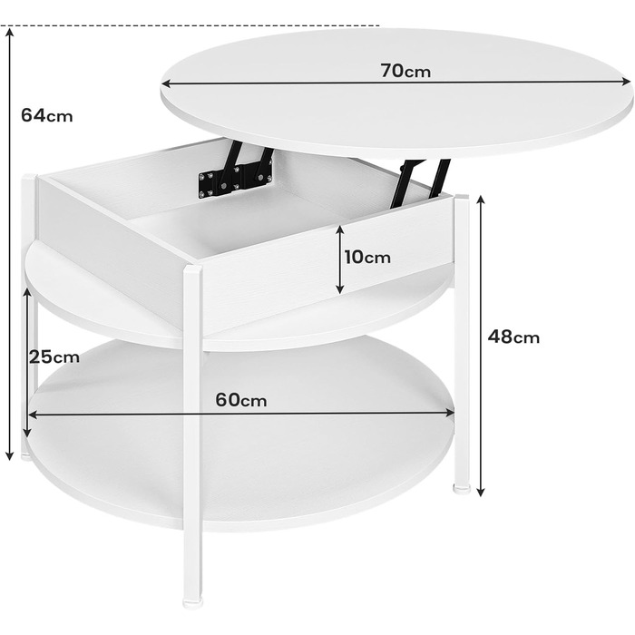 Круглий журнальний столик з підйомною стільницею, журнальний столик з регульованою висотою, бічний столик, стіл для вітальні з прихованим місцем для зберігання, відкритий відсік, металевий каркас, для вітальні, офісу, 70 x 70 x 50 см, білий.