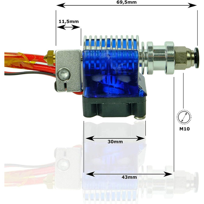 Комплект гарячого кінця V6 Повністю металевий тефлонова J-головка Bowden, сопло 0,4 мм, тефлонова трубка, вентилятор, силіконовий кожух, термопаста, зєднувач PC4-M6 Push-Fit 1,75 мм для 3D-принтерів Anycubic, Creality, Anet та інших. Комплект гарячого кін