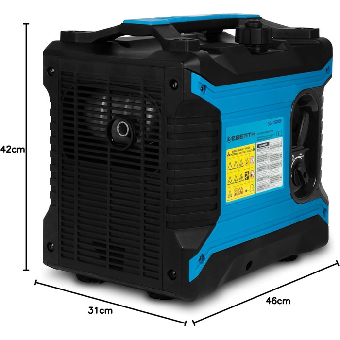Інверторний генератор EBERTH потужністю 2000 Вт, тихий аварійний генератор з бензиновим двигуном потужністю 3 к.с., 4-тактний, генератор з 2 портами 230 В та 2 USB, інверторна технологія для живлення без стрибків напруги, інвертор потужністю 2000 Вт