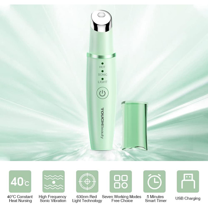 Масажер для очей TOUCHBeauty, ультразвуковий масажер для очей з функцією нагрівання 40 та червоним світлодіодним світловим терапевтичним пристроєм проти старіння проти зморшок, що перезаряджається AG-1980KG (зелений)