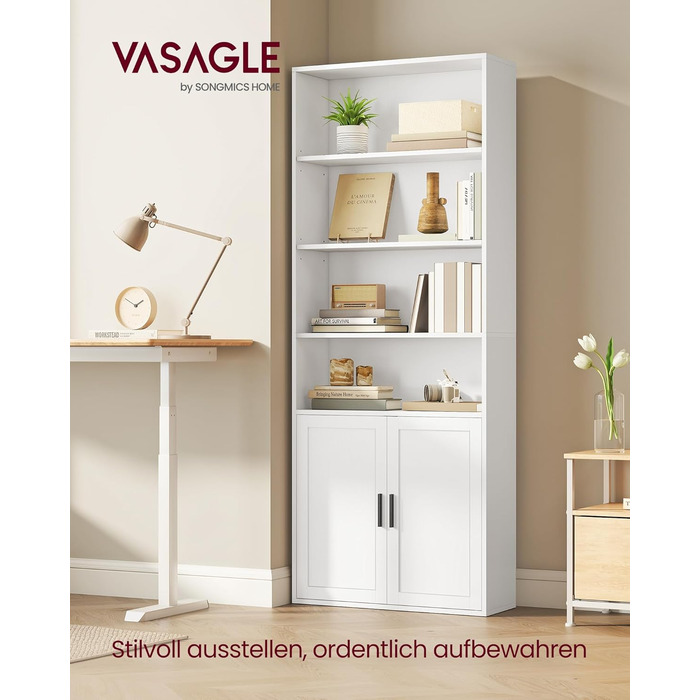 Колекція Custos - Книжкова полиця, висока 6-ярусна, окремостояча полиця з дверцятами, відкрита полиця для зберігання, 24 x 60 x 175 см, для вітальні, домашнього офісу, їдальні, хмарно-білий LBC402W01 60B см хмарно-білий