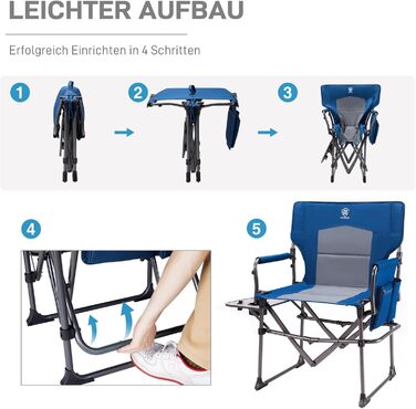 Крісло режисера EVER ADVANCED, складне, вантажопідйомність 180 кг, невеликий розмір упаковки, складне кемпінгове крісло з бічним столиком, портативне складне рибальське крісло з бічною кишенею для кемпінгу, риболовлі, фестивалів, пікніків, синє