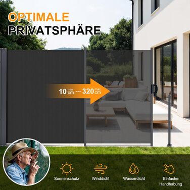 Розсувний бічний тент, 160 x 30020 см Антрацит, Сонячний тент із екраном для приватності, Вітрозахист, Водонепроникний бічний висувний тент, Бічна рулонна штора для балкону, тераси, саду, Ш320 x В160 см Антрацит