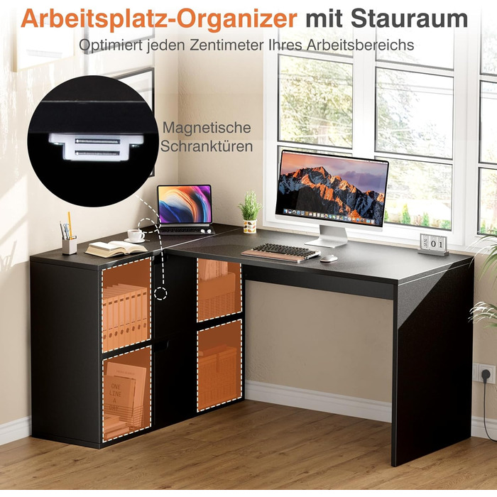 Г-подібний стіл Sweetcrispy з полицею та шафою, 120x100x75 см, кутовий стіл, міцний ігровий стіл з місцем для зберігання, легке складання, чорний 120x100x75 см