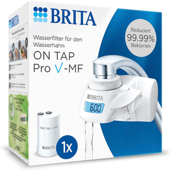 Фільтр для води BRITA для крана ON TAP Pro V-MF вкл. 1 фільтруючий картридж (600 л) - зменшує 99,99 бактерій, хлору, мікропластику та важких металів / цифровий РК-дисплей показує залишок ємності.